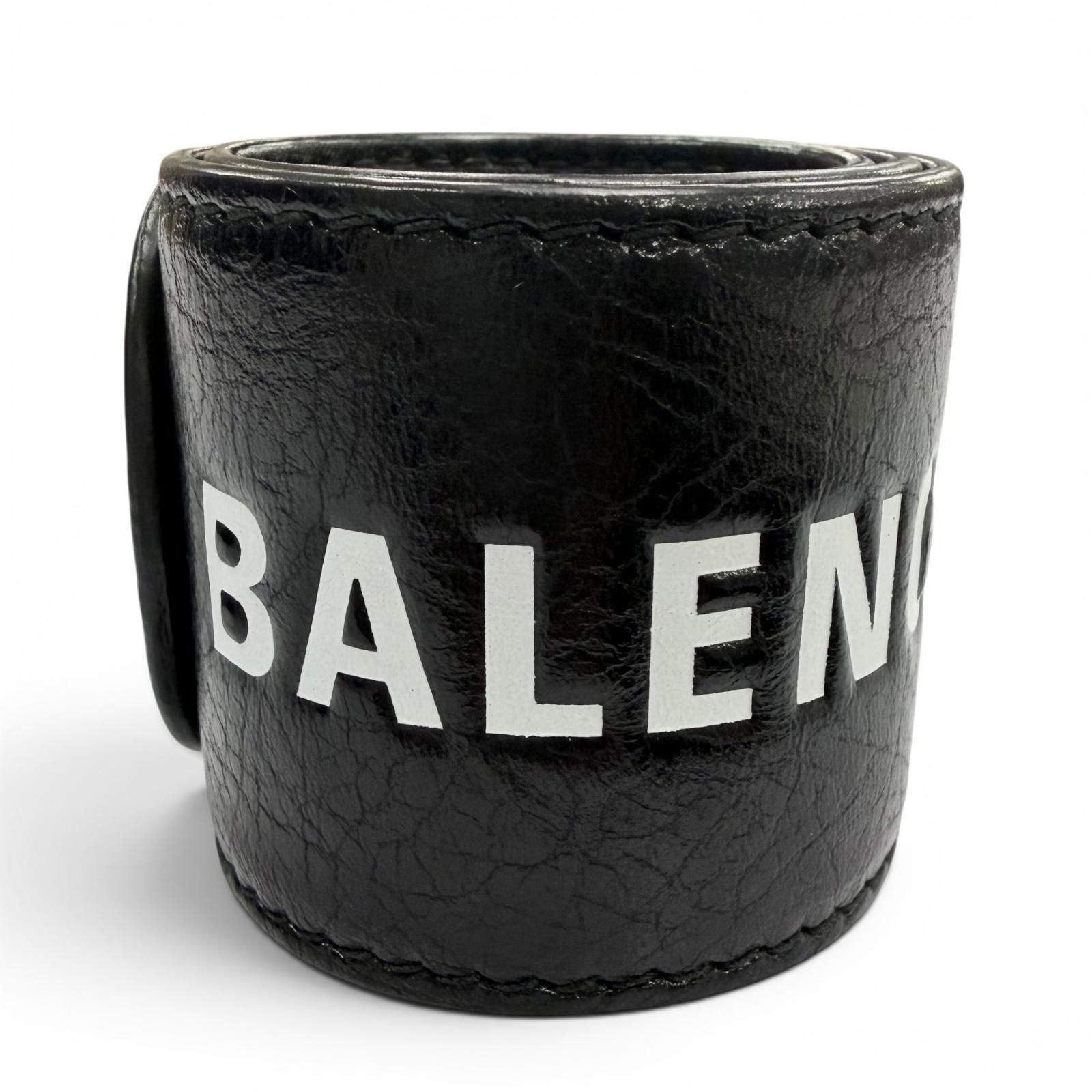 美品▼BALENCIAGA バレンシアガ 469170 レザー ロゴプリント レザーバングル ブレスレット ブラック イタリア製 メンズ ユニセックス