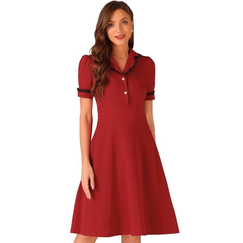 アレグラ ケー レディース トップス ワンピース フリル ALLEGRA K Elegant Dress for Womens Ruffled Peter Pan Collar Dresses Red