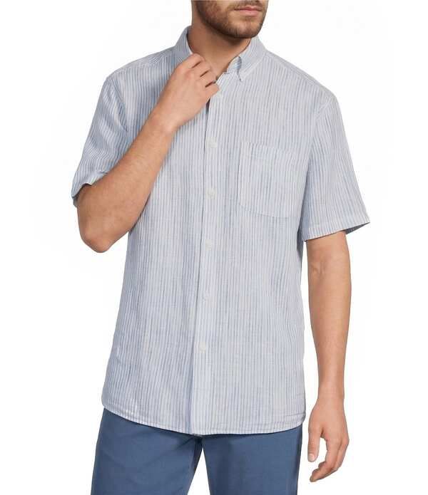 ラウンドトゥリーアンドヨーク メンズ トップス シャツ リネン Roundtree Yorke Short Sleeve Striped Linen Blend Button Front Sport