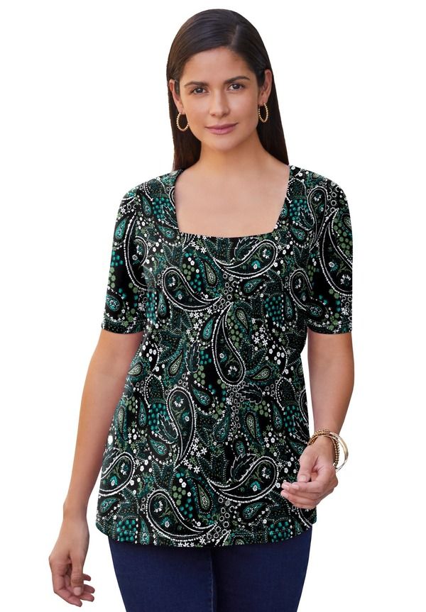 ジェシカロンドン レディース トップス シャツ コットン Jessica London Stretch Cotton Square Neck Teemerald Green Garden Paisle 13,485円