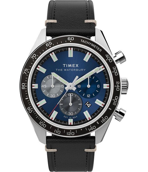 タイメックス レディース アクセサリー 腕時計 レザー Timex Mens Waterbury Quartz Chronograph Leather Strap Watch Black ブラック