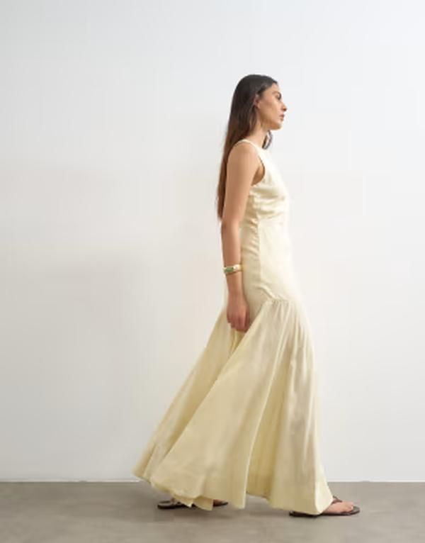 トップショップ レディース トップス ワンピース ミディ リネン Topshop linen rich dropped waist full circle hemidi dress in butter