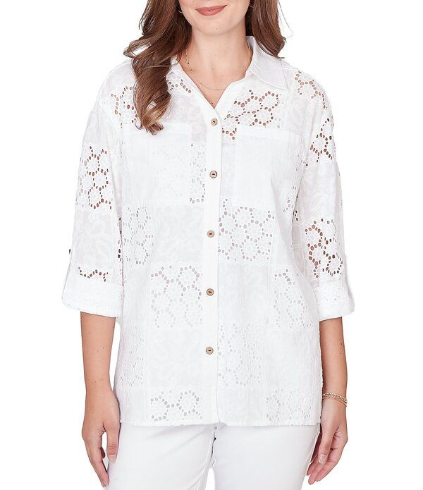 ルビーアールディー レディース トップス シャツ Vネック プチ Ruby Rd Petite Size Woven Eyelet Embroidery Collared VNeck 34 Rollt