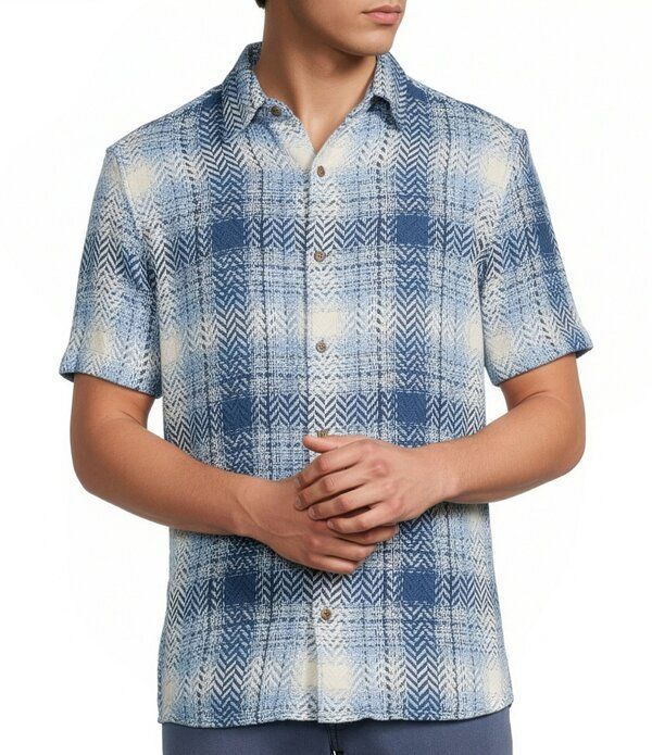 ラウン メンズ トップス シャツ Rowm Short Sleeve Plaid Herringbone Button Front Shirt Blue ブルー