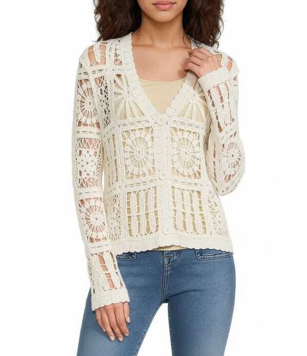 エラン レディース アウター ニット・セーター Vネック カーディガン ELAN Open Knit VNeck Long Sleeve Button Front Cardiganatural