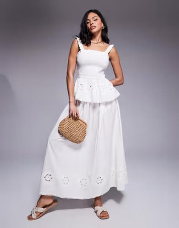 エイソス レディース ボトムスカート コットン マキシ ASOS DESIGN Angie cotton poplin broderie beach maxi skirt in cream クリーム