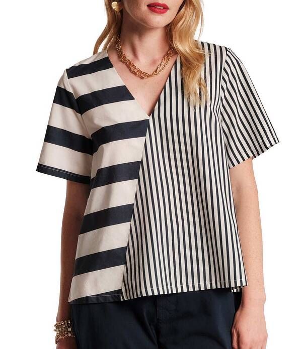 フランセスバレンタイン レディース トップス シャツ Vネック FRANCES VALENTINE Schooner Mixed Stripe Poplin VNeck Short Sleeve To 40,170円