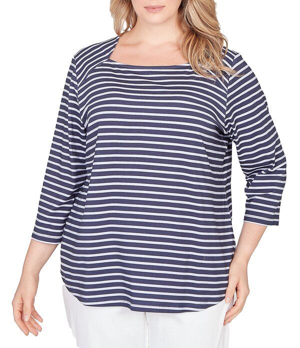 ルビーアールディー レディース トップス Tシャツ プラスサイズ コットン ジャージー Ruby Rd Plusize YarnDyed Cotton Jersey Striped Square Ne