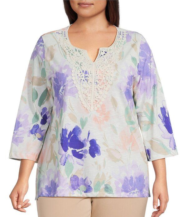 アリソン デイリー レディース トップス Tシャツ Vネック フラワー柄 プラスサイズ プリント ニット フラワー Allison Daley Plusize Floral Print 34 Slee