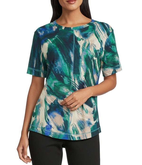 ウエストバウンド レディース トップス Tシャツ クルーネック ニット Westbound Larkspur Blue Sweeping Wave Short Sleeve Slub Knit Cre