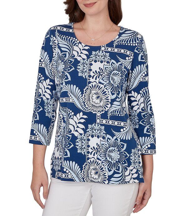 ルビーアールディー レディース トップス Tシャツ プチ プリント パッチワーク ニット Ruby Rd Petite Size Knitropical Patchwork Print Scoop N