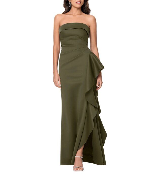 エスケープ レディース トップス ワンピース ギャザー フリル ストラップレス Xscape Suba Strapless Ruched Side Ruffle Sheath Dress Olive
