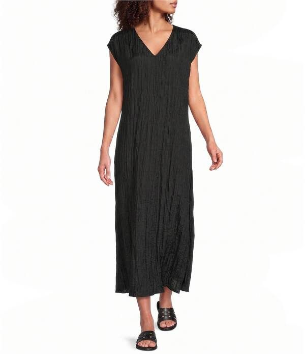 エイリーンフィッシャー レディース トップス ワンピース Vネック シルク キャップ Eileen Fisher Crushed Silk VNeck Cap Sleeve Dress Black ブ 59,290円
