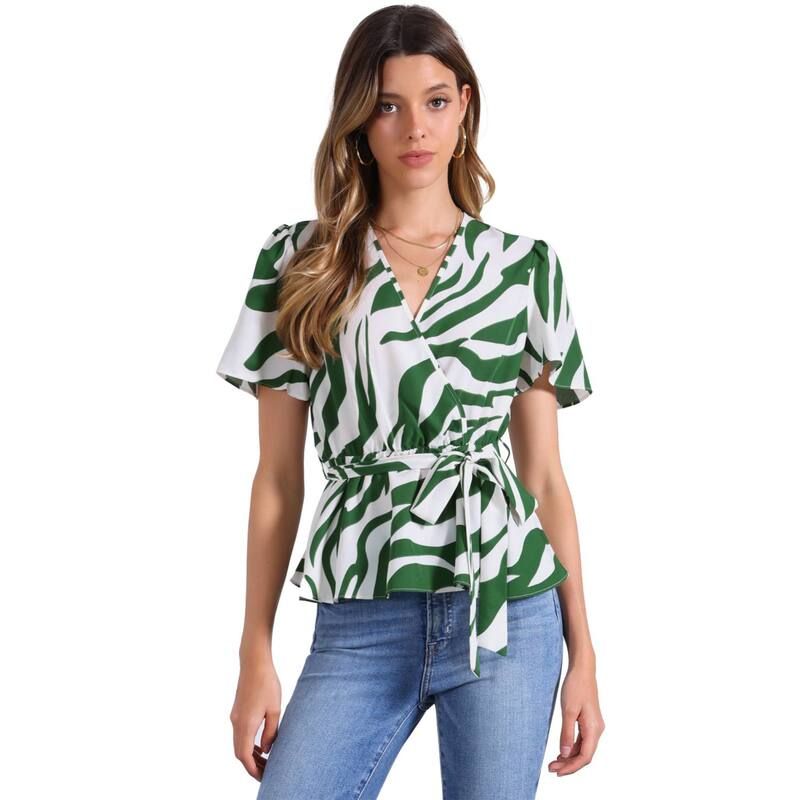 インスパイア シック レディース トップス シャツ Vネック プリント ブラウス INSPIRE CHIC Printed Peplum Top for Womens Flutter Sleeves