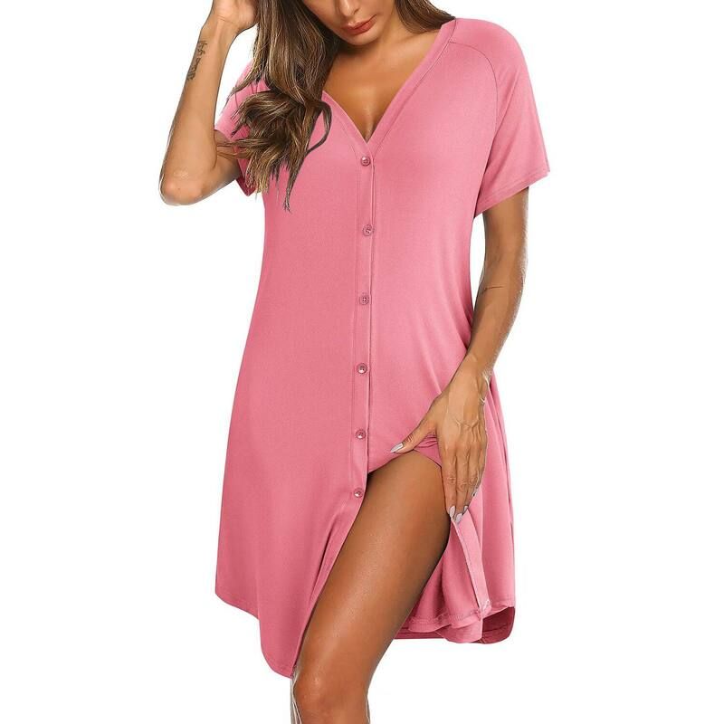 エコアー レディース アンダーウェア ナイトウェア Vネック 半袖 Ekouaer Womensoft ShortSleeve ButtonFront VNeck Nightgown with Poc