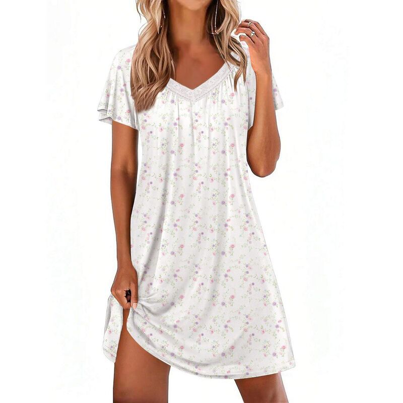 エコアー レディース アンダーウェア ナイトウェア Vネック レーストリム プリーツ シャツ レース Ekouaer Womens Nightgown Lace Trim V Neck Sleep S