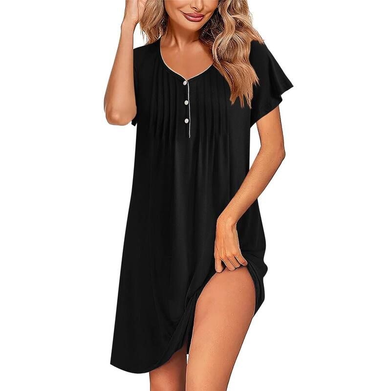 エコアー レディース アンダーウェア ナイトウェア プリーツ シャツ Ekouaer Womens Nightgown Flare Short Sleeve Sleepwear Pleated Sle