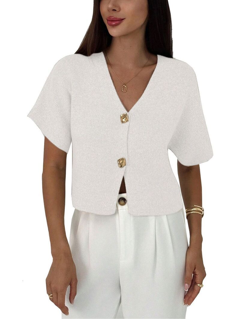 ファンジュライ レディース アウター ニット・セーター Vネック ボタンダウン リブ カーディガン ダウン FUNJULY Womenshort Sleeve Cardigan Button Down