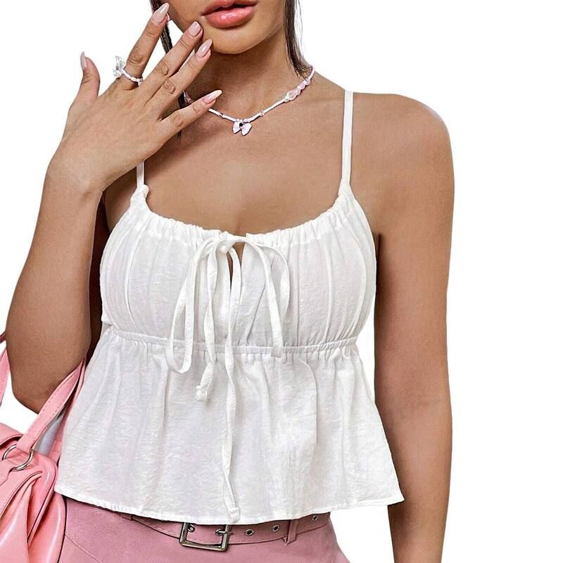 クリアフラワー レディース トップス シャツ ClearFlower Womensquare Neck Adjustable Spaghetti Strap Tie Front Peplum Crop 8,125円