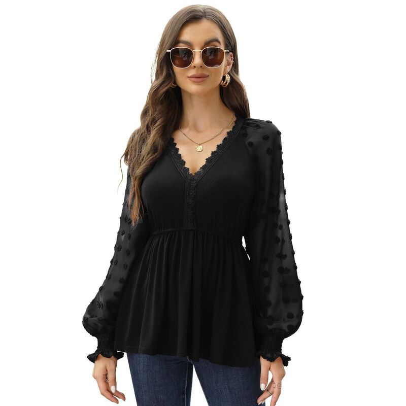 セオリア レディース トップス シャツ Vネック シャーリング ブラウス レース Seoria Womens Lace Crochet V Neck Peplum Blouse Long Sleeve
