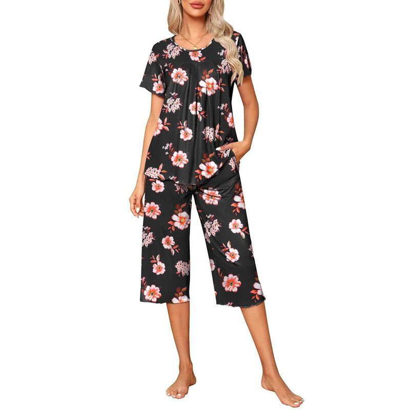 エコアー レディース アンダーウェア ナイトウェア パンツ キャップ Ekouaer Pajama Set for Women 2 Piece Capri Pantshort Sleeve Top S