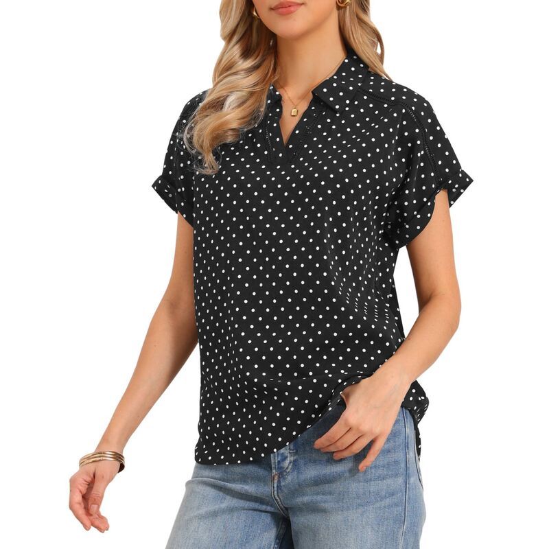 インスパイア シック レディース トップス シャツ Vネック ドット プリント ブラウス INSPIRE CHIC Short Sleeve Blouses for Women Business Ca