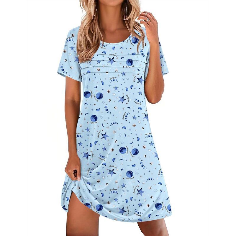 エコアー レディース アンダーウェア ナイトウェア クルーネック プリーツ Ekouaer Womenshort Sleeve Crew Neck Pleated Nightgown Blue Sta