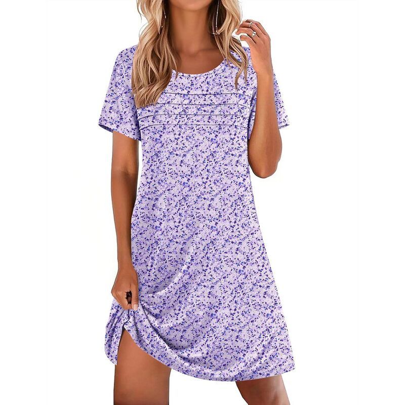 エコアー レディース アンダーウェア ナイトウェア クルーネック プリーツ Ekouaer Womenshort Sleeve Crew Neck Pleated Nightgown Purple F