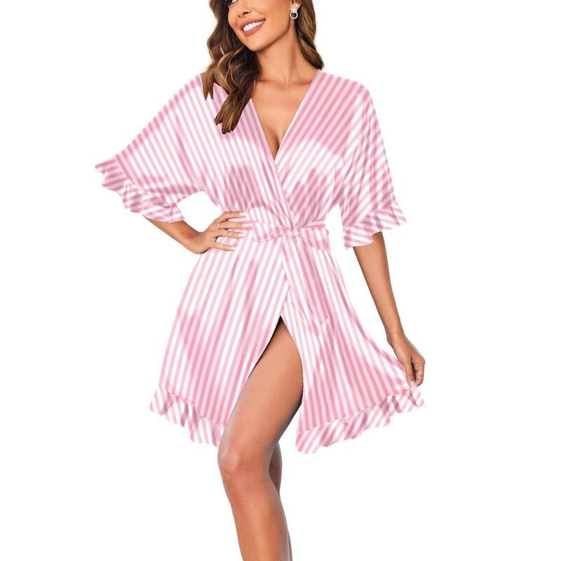 エコアー レディース アンダーウェア ナイトウェア フリル サテン シルク Ekouaer Womensilk Ruffle Robe Short Satin Kimono Robe Half Sle