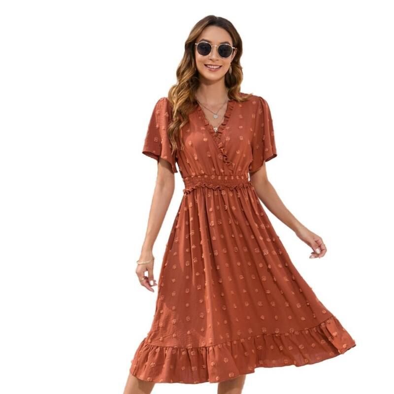 セオリア レディース トップス ワンピース Vネック ミディ Seoria Womens V Neck Dresshort Sleeve Casual Spring Summer Flowy Beac