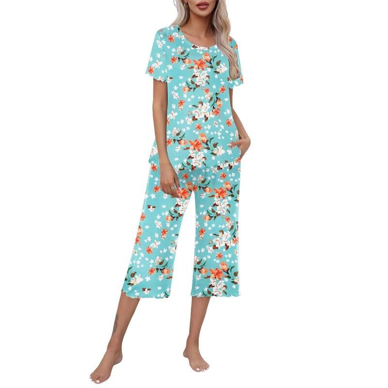 エコアー レディース アンダーウェア ナイトウェア キャップ Ekouaer Womens LettuceTrim Short Sleeve Top Capri Pajama Set Powder C
