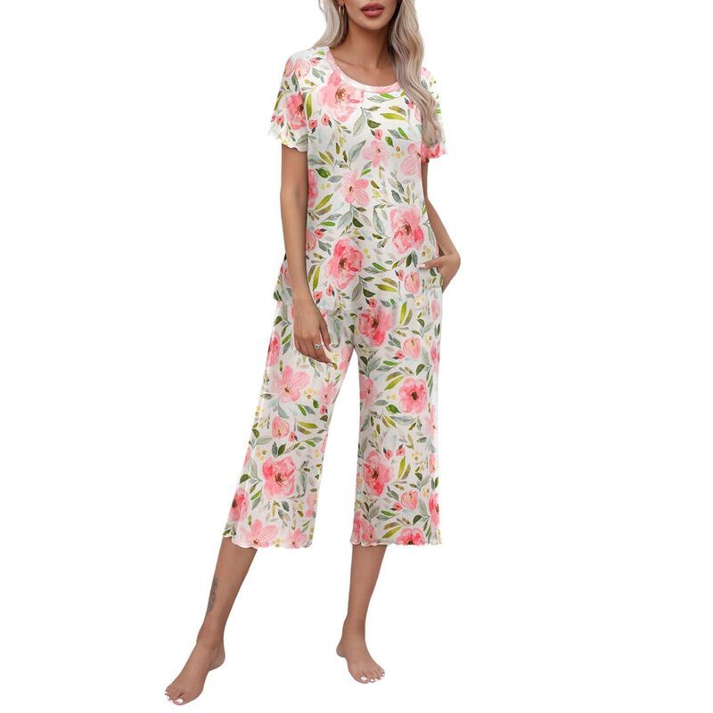 エコアー レディース アンダーウェア ナイトウェア キャップ Ekouaer Womens LettuceTrim Short Sleeve Top Capri Pajama Set White Pi