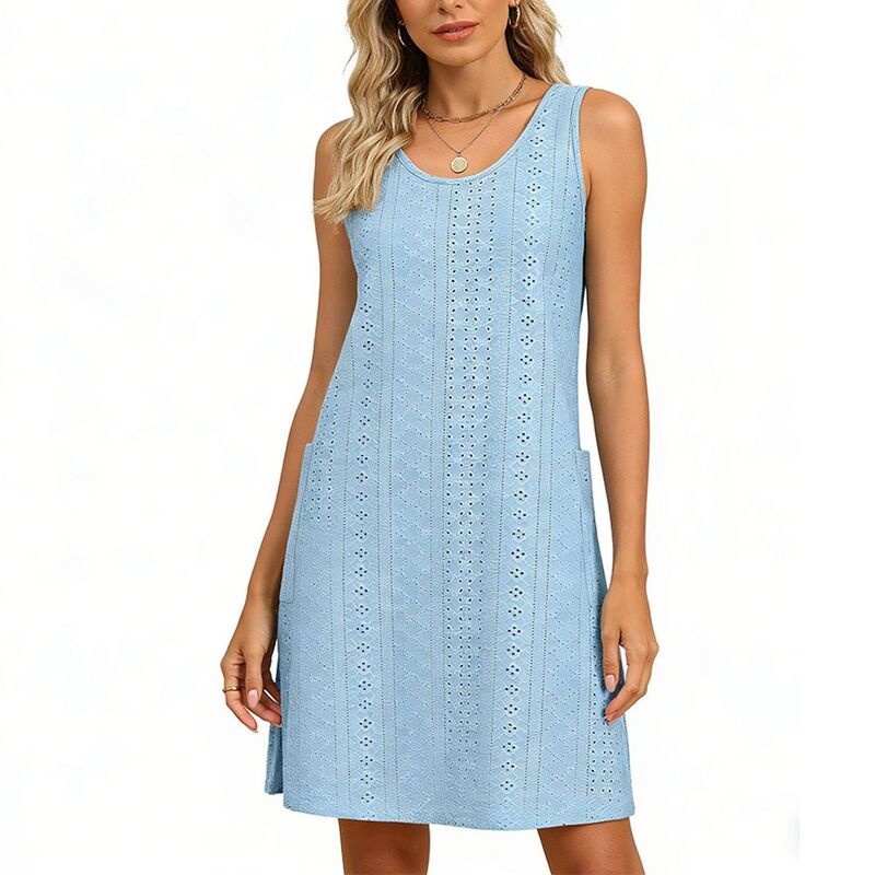 エリートスピリット レディース トップス ワンピース サイドスリット ミニ ノースリーブ EliteSpirit Womens Eyelet Sleevelesshift Dresscoop Neck