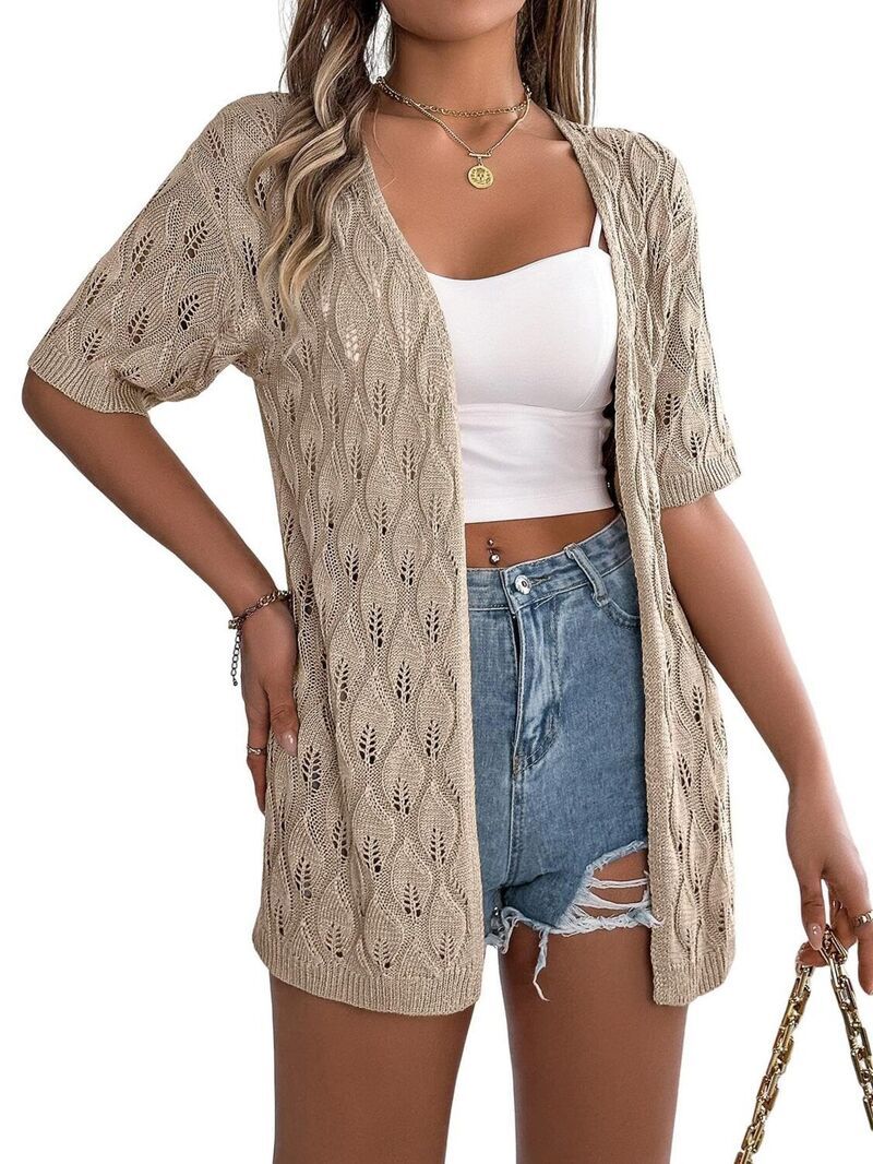 ファンジュライ レディース アウター ニット・セーター カーディガン FUNJULY Womens Open Front Hollow Out Short Sleeve Knit Cardigan L