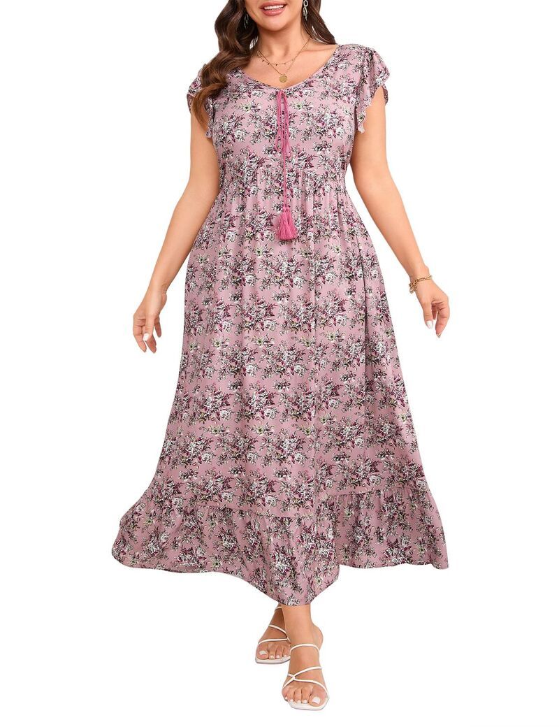 ファンジュライ レディース トップス ワンピース フラワー柄 プラスサイズ プリント マキシ フラワー FUNJULY Womens Plusize Maxi Dresses Boho Floral