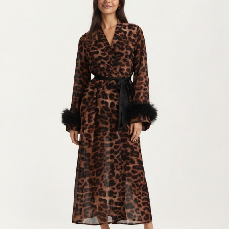アンナカシ レディース アンダーウェア ナイトウェア プリント メッシュ サテン AnnaKaci Womens Leopard Print Mesh Robe Dress with Feather