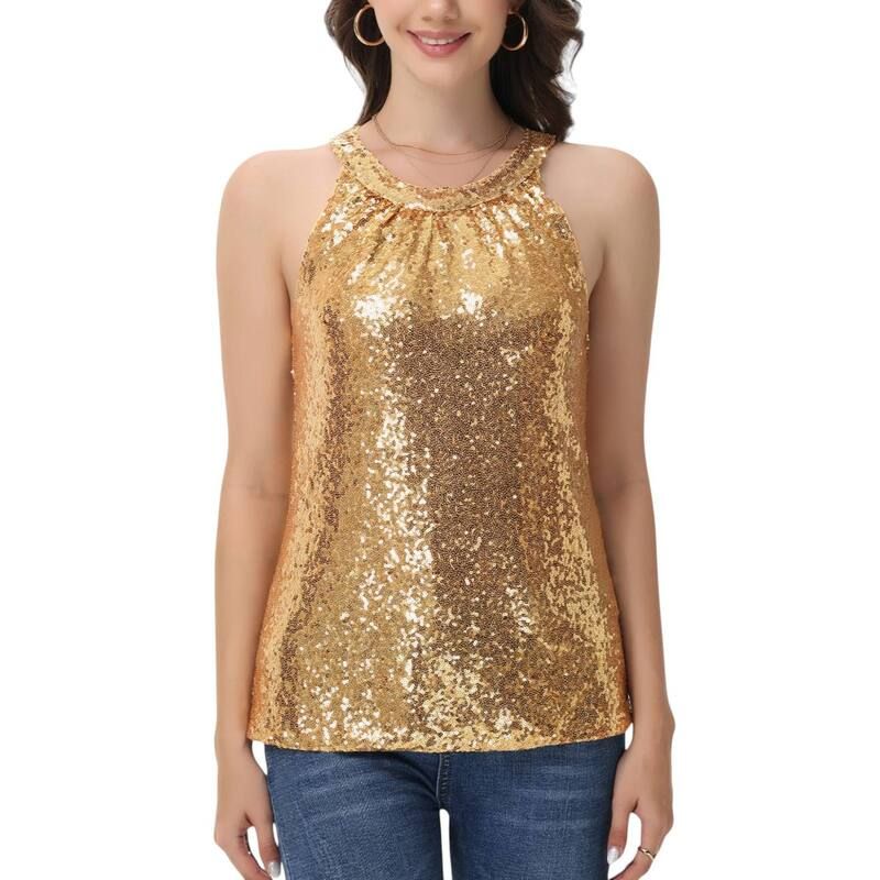 アンナカシ レディース トップス Tシャツ プリーツ スパンコール ノースリーブ ホルター AnnaKaci Womensleevelessequin Halter Top with Pleated