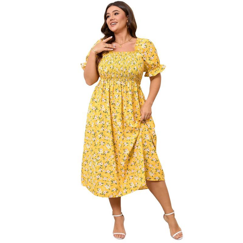 セオリア レディース トップス ワンピース フラワー柄 プラスサイズ フラワー Seoria Plusize Women Square Neck Puff Short Sleeve Floral Dr