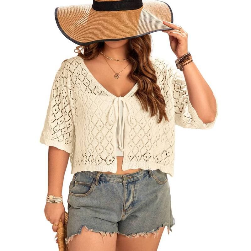 イエスファッション レディース アウター ニット・セーター プラスサイズ カーディガン Yesfashion Womens Plusize Crochet Cardigan Crop Short Sl