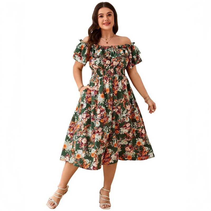 クリアフラワー レディース トップス ワンピース フラワー柄 プラスサイズ プリント ClearFlower Plusize Dress for Women Off Shoulder Floral P
