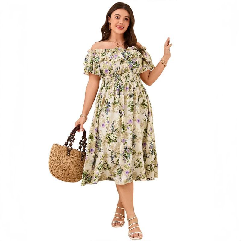 クリアフラワー レディース トップス ワンピース フラワー柄 プラスサイズ プリント ClearFlower Plusize Dress for Women Off Shoulder Floral P