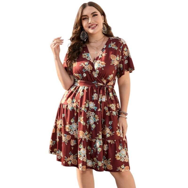 ボディサイズ レディース トップス ワンピース Vネック A ライン ハイウエスト プラスサイズ ミディ BODDYSIZE Women Plusize V Neck Wrap Dress Casua