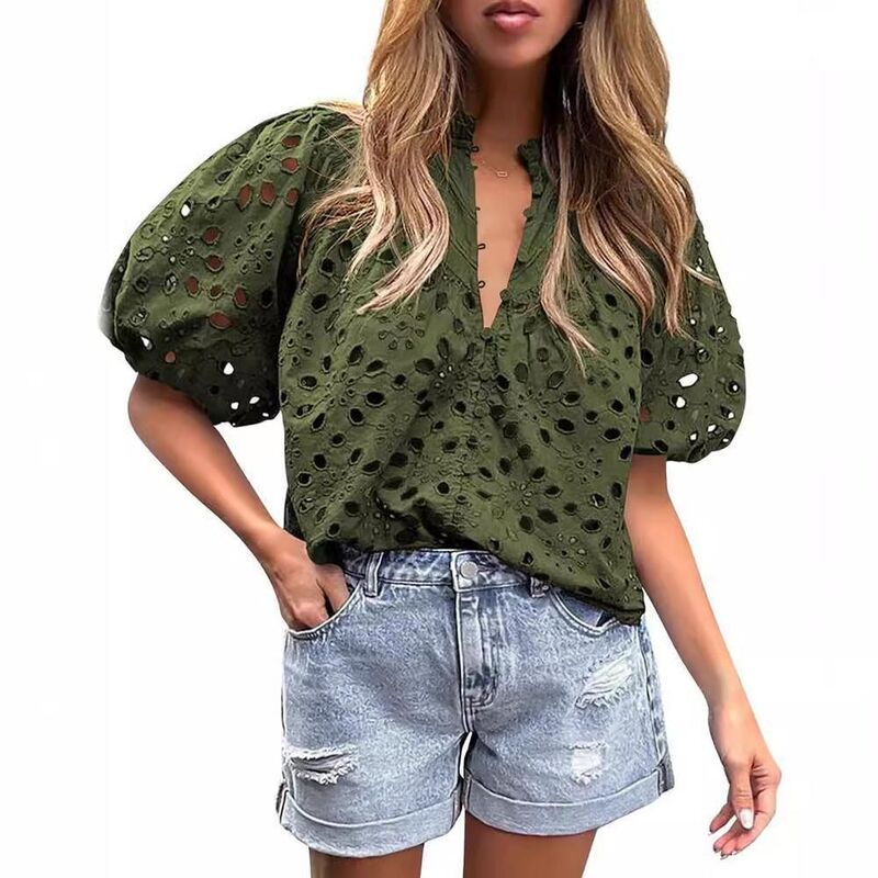 クリアラブ レディース トップス Tシャツ Vネック 刺繍 ブラウス レース Clearlove Women s Embroidered Eyelet Blouse Puff Short Sleeve
