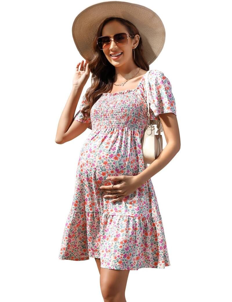 ファンジュライ レディース トップス ワンピース マタニティ FUNJULY Womensquare Neck Short Sleeve Maternity Dress Red Blue ブルー