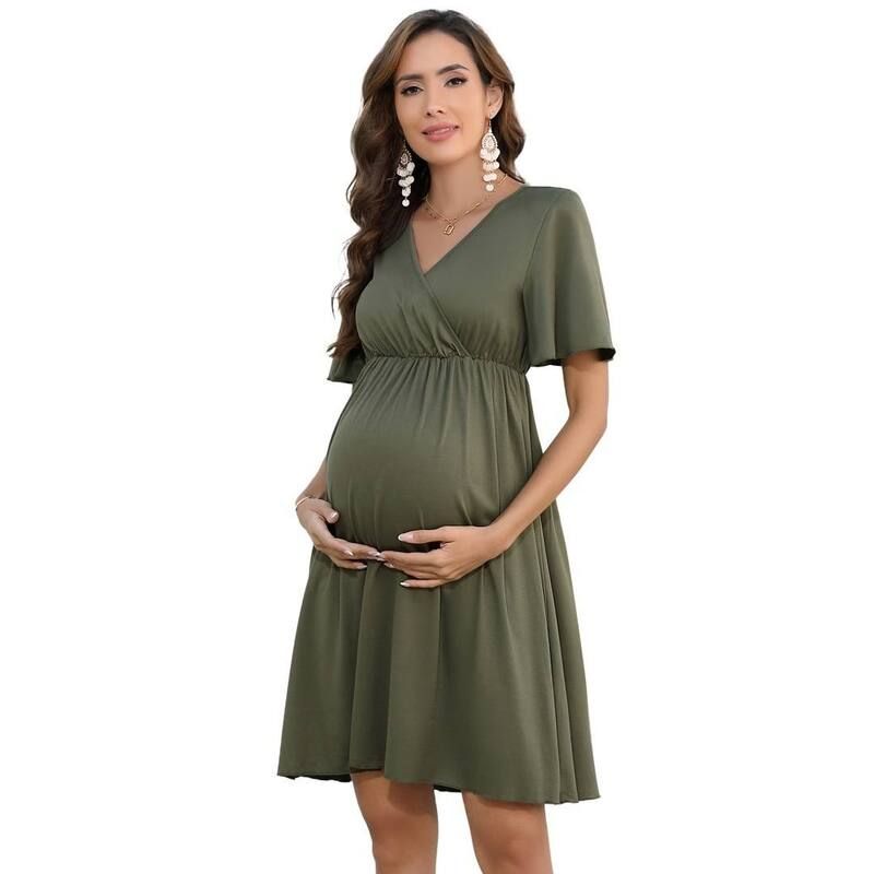 イエスファッション レディース トップス ワンピース Vネック A ライン ミディ マタニティ Yesfashion Womens Maternity Wrap Dresshort Sleeve V