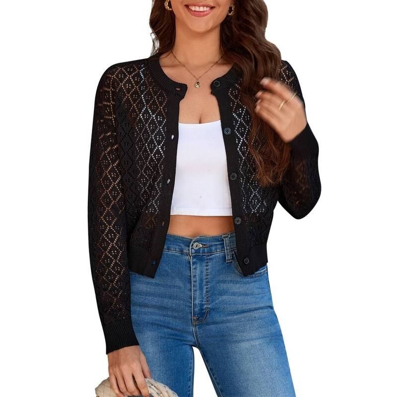 ボディサイズ レディース アウター ニット・セーター クルーネック カーディガン クロップド BODDYSIZE Womens Lightweight Crochet Cardigan Long Sl