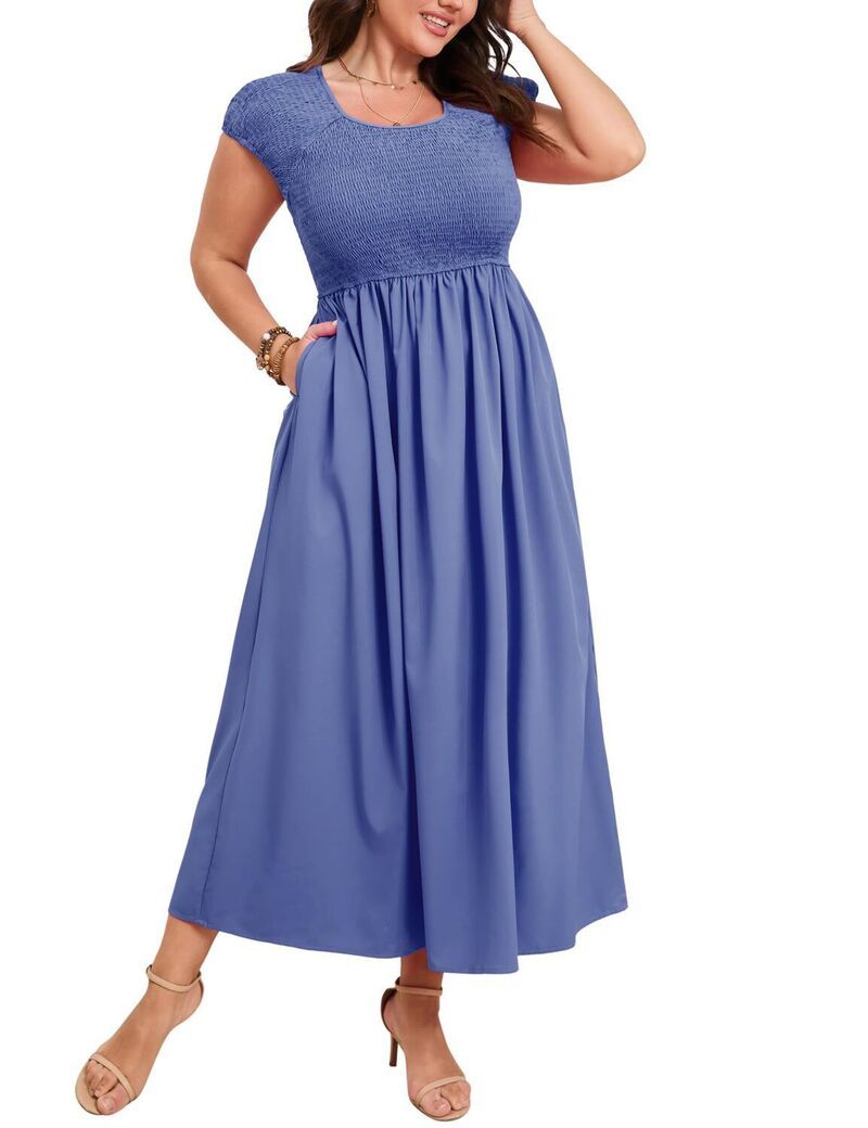ファンジュライ レディース トップス ワンピース クルーネック プラスサイズ FUNJULY Womens Plusize Crewneck Shirred Short Sleeve Swing Dr