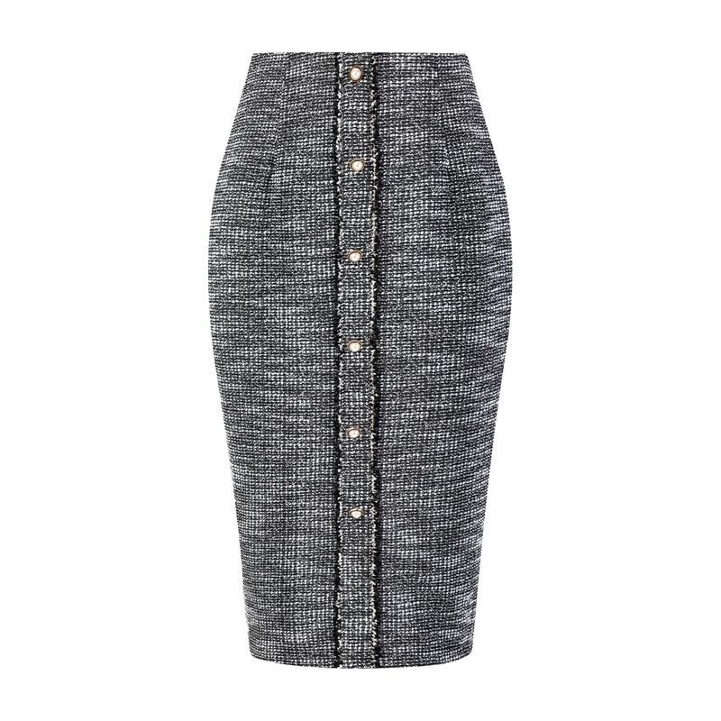 ホンベティ レディース ボトムスカート ひざ丈 ハイウエスト ツイード Hombety Womens Tweed Skirt Elegant High Waist Button Decor Knee