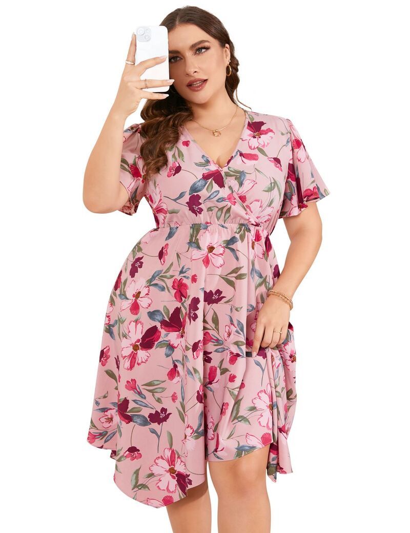 ファンジュライ レディース トップス ワンピース Vネック アシンメトリー プラスサイズ FUNJULY Womens Plusize Short Sleeve VNeck Asymmetric He