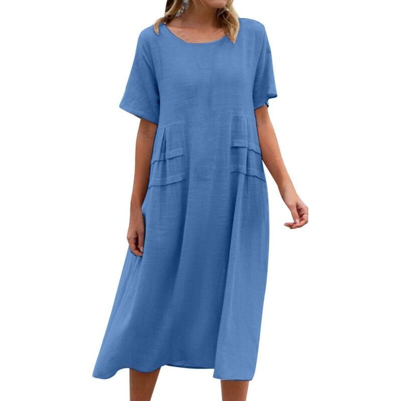 ボディサイズ レディース トップス ワンピース ミディ コットン リネン BODDYSIZE Womens Casual Round Neck Midi Dresshort Sleeve Flowy